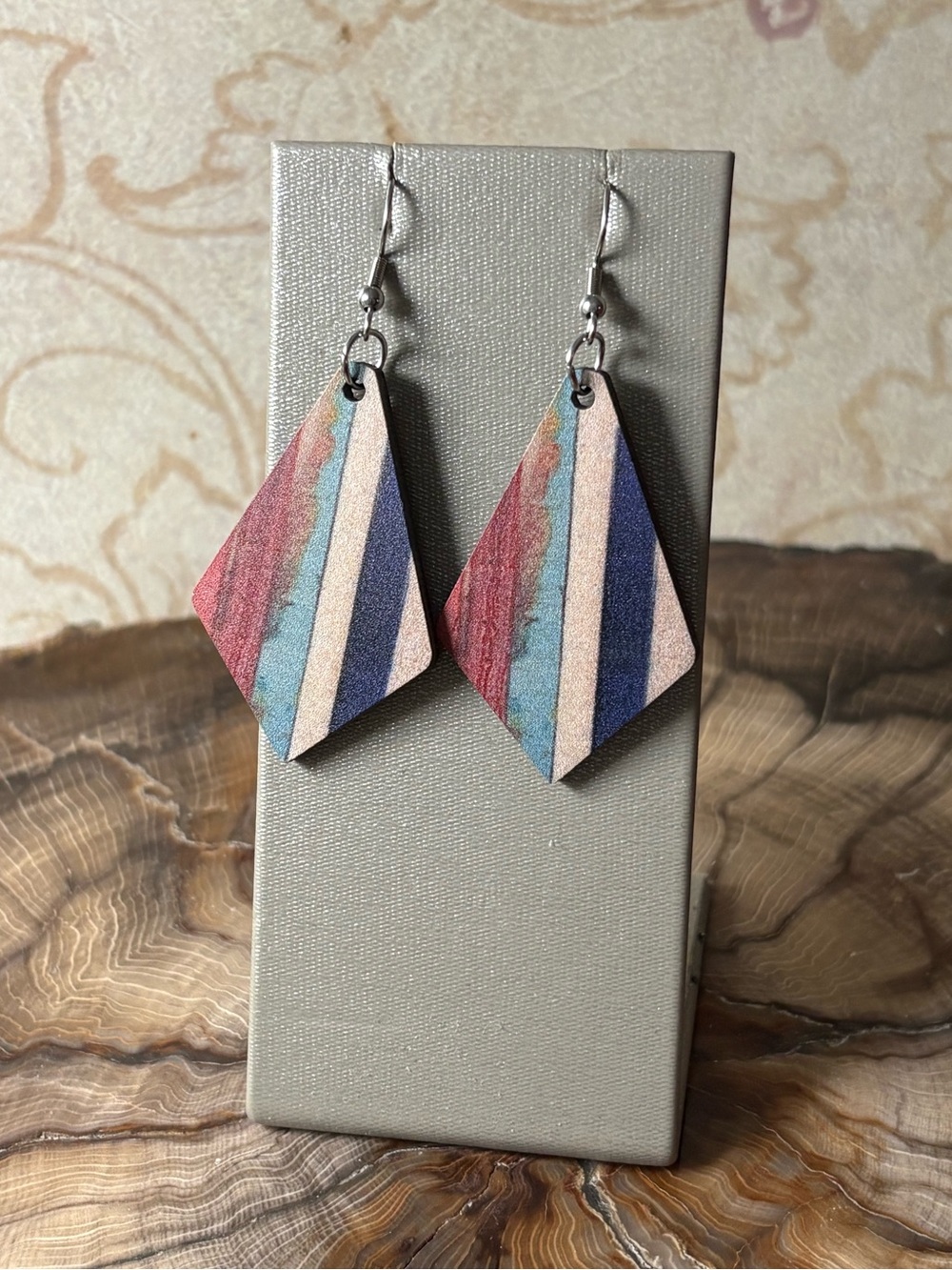 Striped Geometric Wooden Drop Earrings - Blue, Red & Cream